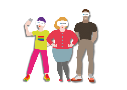 Groepje van drie persona's met een VR-bril